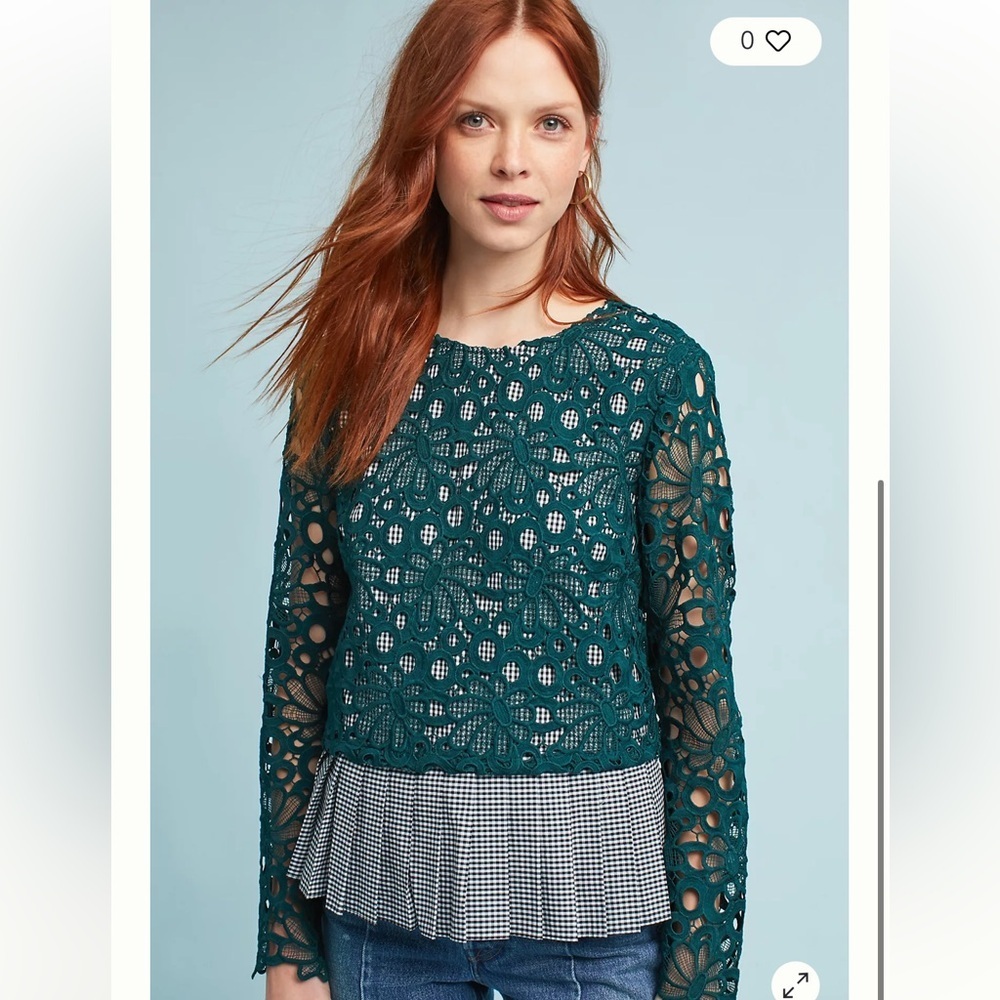 Anthropologie Maeve‎ Elegant Teal Lace Gingham Women Top